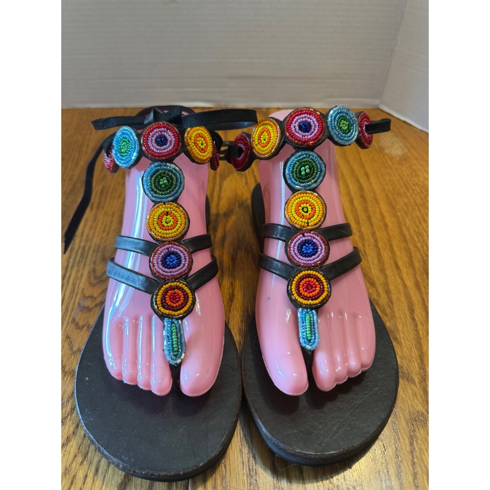 Global Girls Beaded Leather Gladiator Sandals Black Multi Color Boho Size 39 8.5